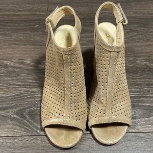 Open toe suede (with a shimmer to it), block heels.